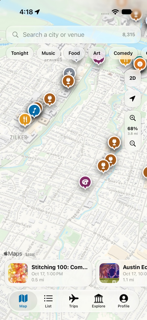 The XploreR map in Austin with category pins